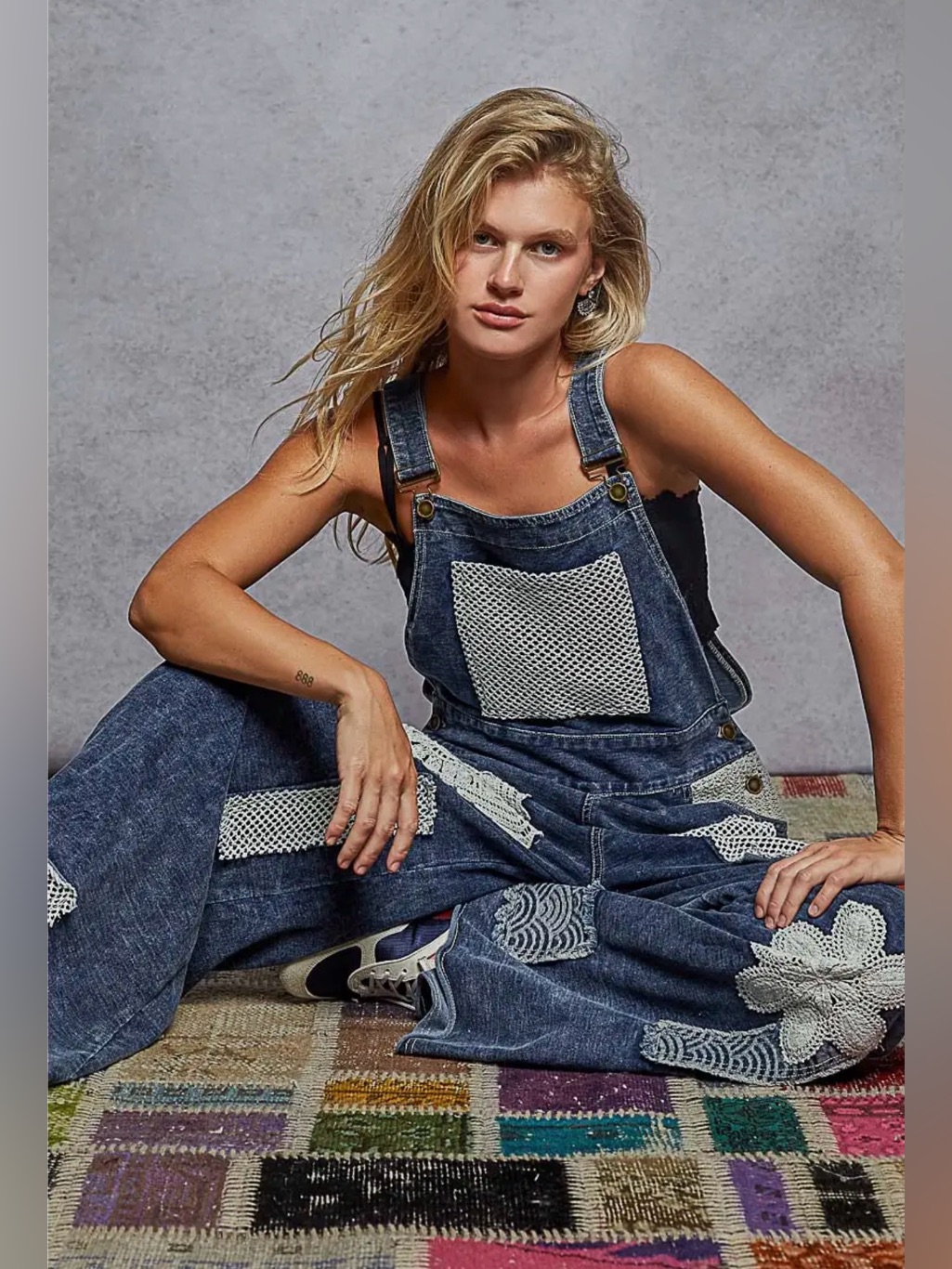 Pol Blue Denim Patchwork Crochet Overalls